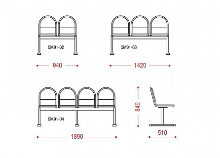 Фото Трехместная секция TROIKA | ТРОЙКА CМ 91, 1420х510х840мм, неразборный каркас 2